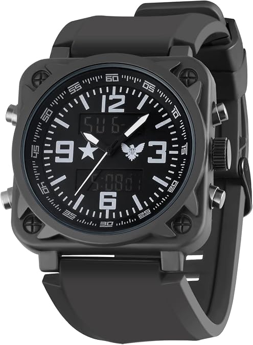 Tactical Military Watch for Men: Heavy-Duty 45mm Square Case Rugged Sports Watch with Dual Display, Stopwatch Alarm & Timer - Daily Waterproof MilitaryTraining Gear for Outdoor Hobbies