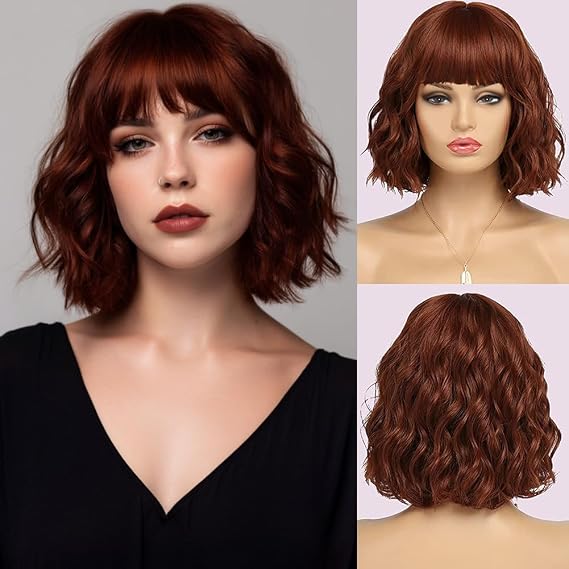 Short Auburn Wigs for Women Dark Ginger Wig with Bangs Wigs Natural Looking Curly Hair Medium Length Synthetic Bob Wig Wavy Colorful Wigs(14 Inches)