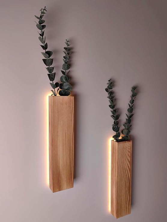 Wood Wall Planter Vase with Lights Artificial Hanging Plants for Wall Decor