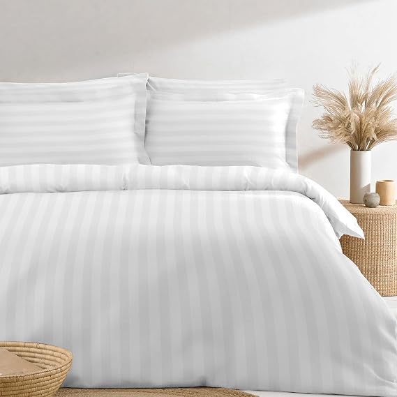 Pizuna Cotton Queen Duvet Cover Set 300 Thread Count Stripe White