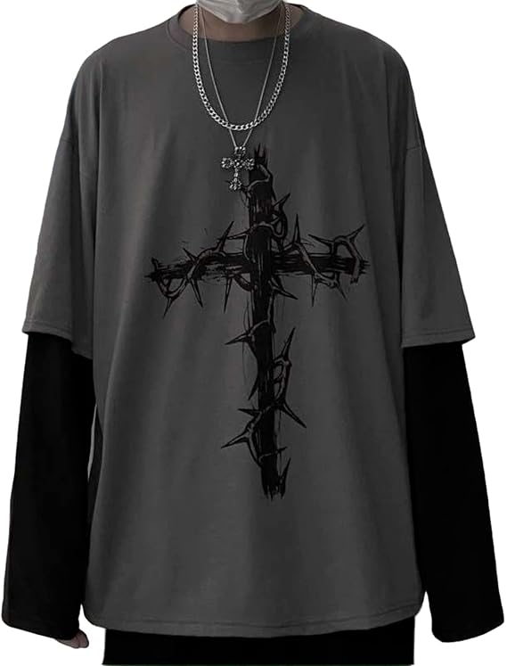 Men Women Gothic Shirt Y2K Emo Grunge Alt Vintage Long Sleeve Top Tee Dark Academia Harajuku Cross Sweatshirt Clothes