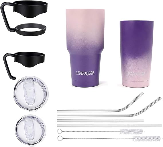 Ezprogear 20 oz 30 oz Stainless Steel Vacuum Insulated Double Wall Tumbler with Straws and Handle (20 oz & 30 oz, Pink/Purple)