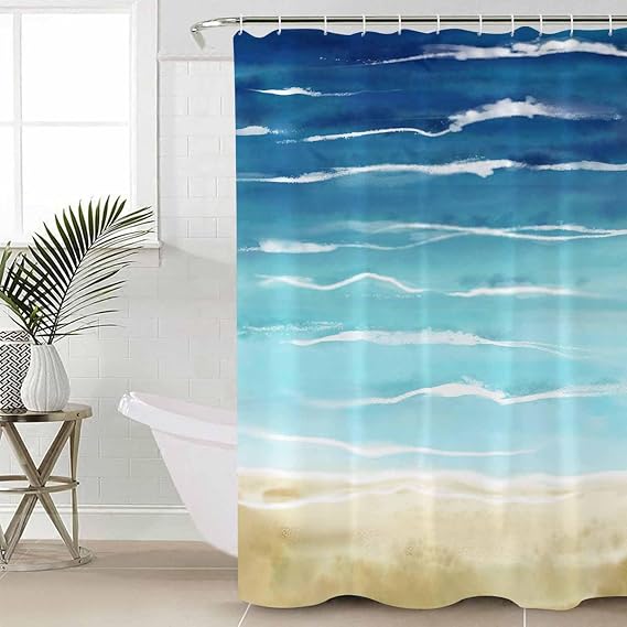 Blue Beige Ombre Shower Curtain, Stall Shower Curtains for Bathroom/Bathtub, Coastal Nautical Summer Beach Wave Waterproof Fabric Shower Curtain Set with 12 Hooks, 72" x 78"