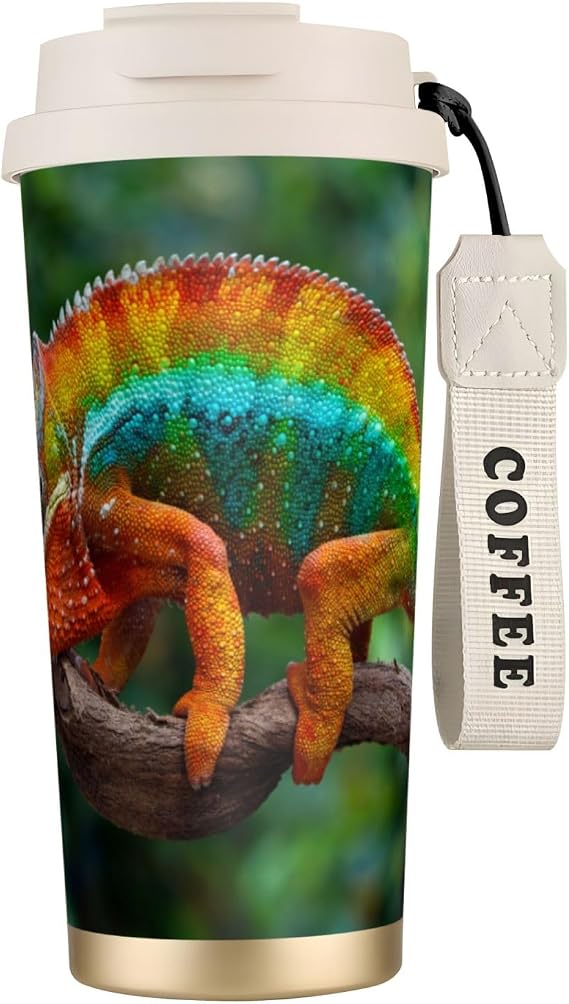 Chameleon Print 20oz Insulated Travel Coffee Mug With Flip Lid,Leakproof Stainless Steel Insulated Coffee Tumblers,Reusable Coffee Cup For Hot & Cold Drinks