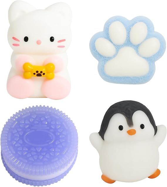 SSKHE 4 Pcs Taba Squishy Set – Purple Sandwich Biscuit + Blue Cat Paw + Black & White Penguin + White Kitten | Squeezeable Fidget Toys for Stress Relief | for Party Favors & Daily Anxiety Relie