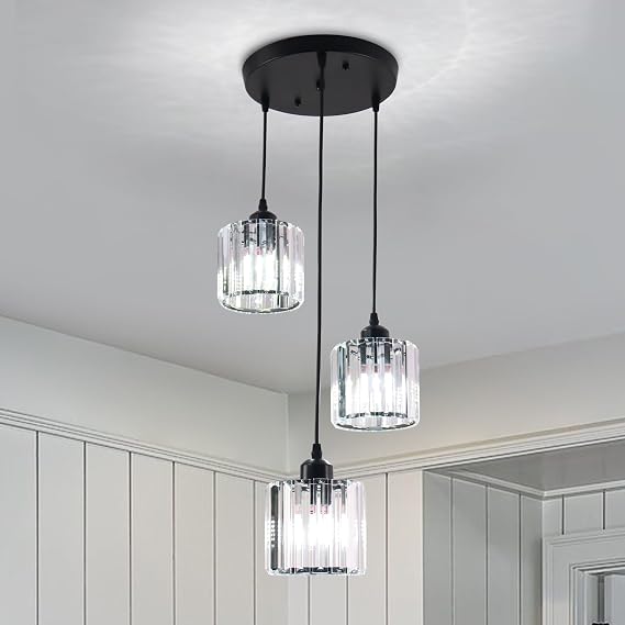 3-Light Crystal Pendant Light E27 Adjustable Drop Black | Height-Adjustable Hanging Light For Kitchen Islands Dining Rooms Foyers And Entryways Bulbs Not Included [Energy Class E]