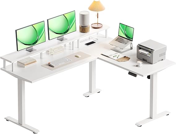 AODK 59 Inch L Shaped Electric Standing Desk, Single Monitor Stand, White | Reversible L Shaped Desk With 3 Memory Presets, Single Monitor Stand And Outlets For Home Office And Computer Workstation