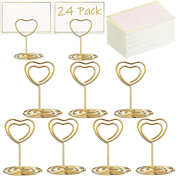 Toncoo 24 Pcs Mini Place Card Holders and 24 Pcs Place Cards with Gold Foil Border, Table Number Stand with Heart Shape, Table Card Holder Photo Picture Holder Memo Menu Clips for Wedding, Birthday
