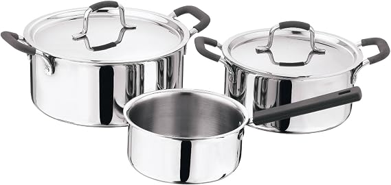 MasterPRO - Set of 5 Triple Frying Pans - 1 Saucepan 16 cm - 1 Casserole with Lid 20 cm - 1 Casserole with Lid 24 cm - Casserole with Silicone Handle - Stainless Steel Lid