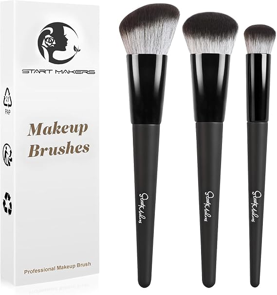 Start Makers Makeup Brushes 3Pcs Set, Foundation Brush for Liquid Makeup, Powder Brush & Concealer Brush, Vegan Synthetic Face Brush Kit for Flawless Blending, Bronzer & Setting