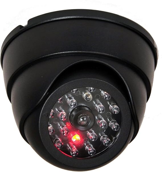 VideoSecu Dome Surveillance Security Dummy Imitation Camera Fake Security Camera Simulated Infrared IR LED Fake Camera with Blinking Light CCTV Surveillance, Security Warning Sticker AA3