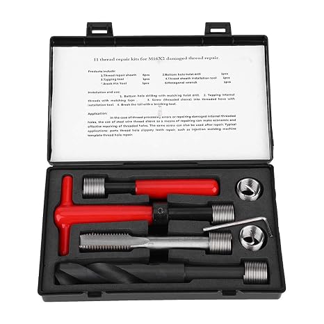 Metric Inserts Kits Thread Repair Tool Kit, M16x2 Thread Repair Kit Stainless Steel Twisted Drill Tap Wrench Threaded, Threaded Insert Tap Insertion Tool for Damaged Thread Repair