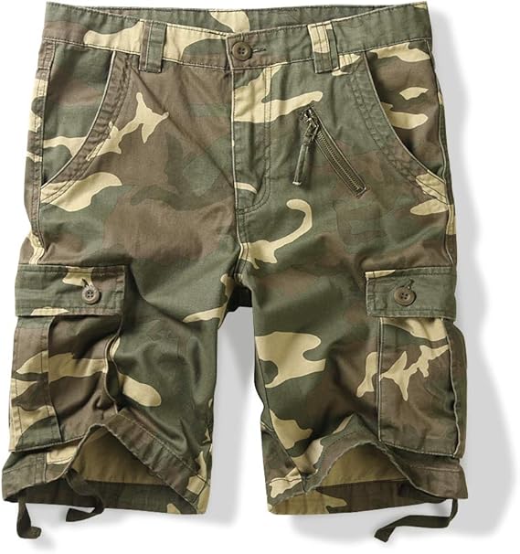OCHENTA Men's Cotton Casual Cargo Shorts, Relaxed Fit Solid & Camo Summer Military Work Shorts for Hiking Tactical