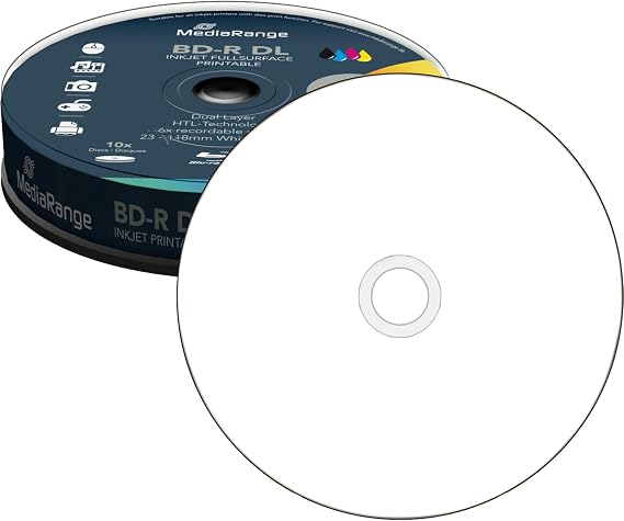 MediaRange BD-R 50GB Printable MR509 Single Side Double Layer color white Pack of 10 50GB 6x writing speed cake box inkjet printable