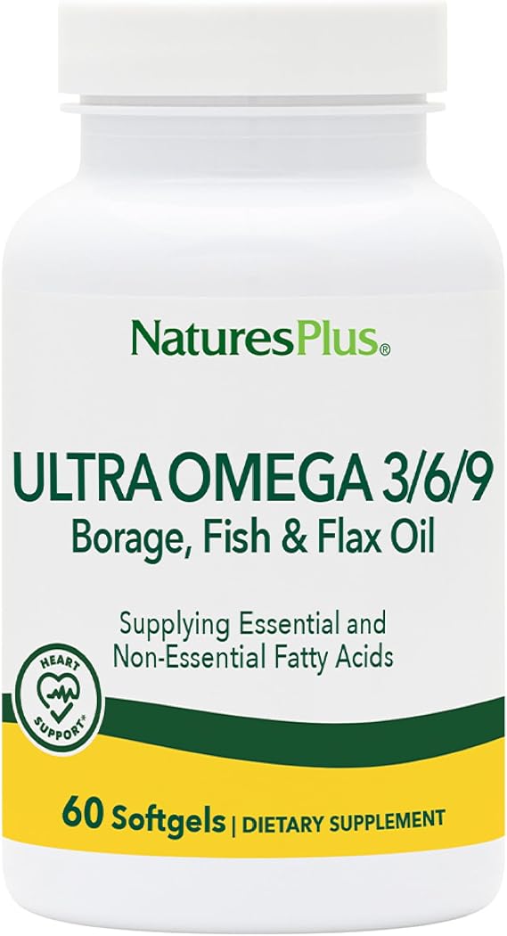 NaturesPlus Ultra Omega 3 6 9 - Borage Oil, Fish Oil, Flax Oil Supplement - 1200 mg, 60 Softgels - Gluten Free - 60 Servings