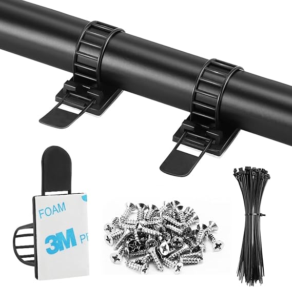Adhesive Cable Management Clips, 50Pcs Adjustable Nylon Cable Strap Ties Wire Clips Clamps Organizer with Strong Adhesive Tape, Extra Screw & Hole for Strong Fixation Home Office - 3.55 Inch Black