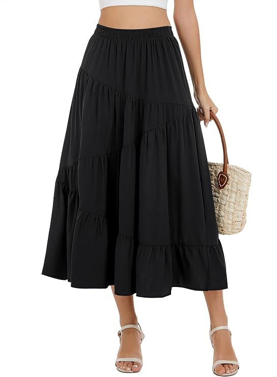 Long Skirts for Women 2026 Trendy Spring Summer Boho Elastic Waist Flowy A Line Maxi Tiered Skirt