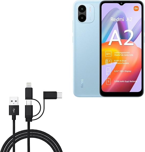BoxWave Cable Compatible with Xiaomi Redmi A2 - AllCharge 3-in-1 Cable - Jet Black