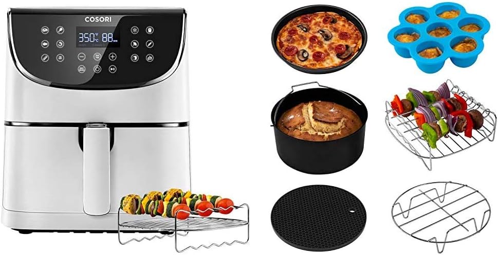 COSORI Air Fryer100 Recipes, Rack &amp; 5 Skewers,5.8QT Electric Hot Air Fryers Oven Oilless Cooker,11 Presets, 1700W,White &amp; Air Fryer Accessories XL C158-6AC, Set of 6 Fit all 5.8Qt, 6Qt Air Fryer