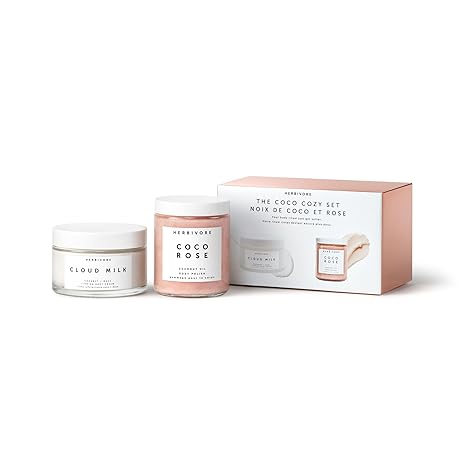 HERBIVORE The Coco Cozy Set | Firming Body Cream & Exfoliating Body Polish | Includes firming coconut body cream & Coco Rose body polish. Exfoliates, hydrates and softens for smooth glowing skin