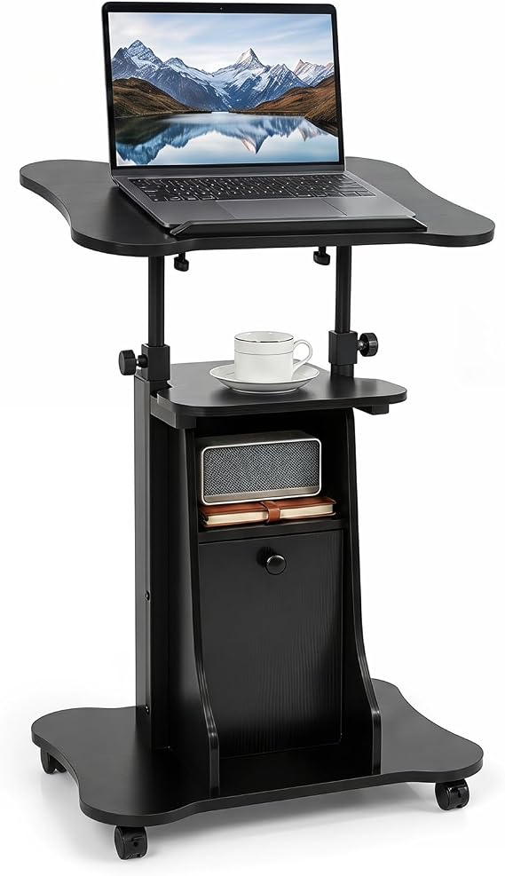GIANTEX Mobile Podium Stand, Sit-to-Stand Laptop Cart (Black, 1 Pack)