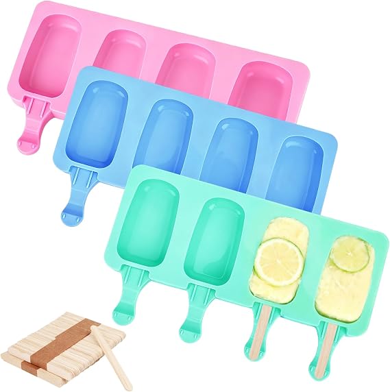 3 Set Small Silicone Popsicle Molds Ice Cream Mould 4 Cavity Ice Lolly Mold Oval Cake Pop Mould with 150 Pieces Wooden Sticks for DIY Cream Popsicle Cake, Pink Blue Green