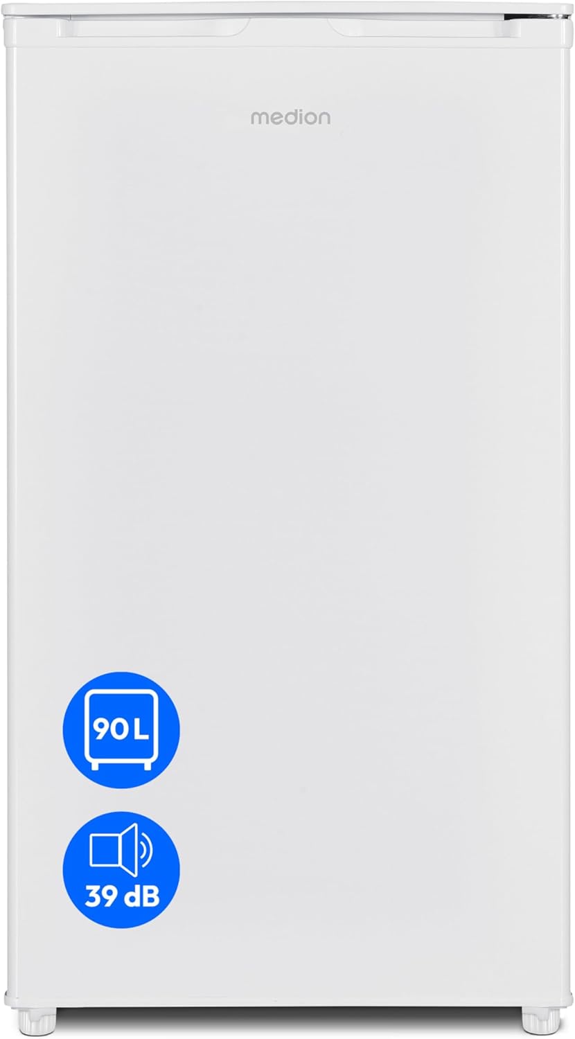 medion md37690 fridge with ice cube compartment 90 l total net capacity 80 l fridge compartment 10 l ice cube compartment transparent vegetable drawer freestanding interchangeable door hinge [energy class e]