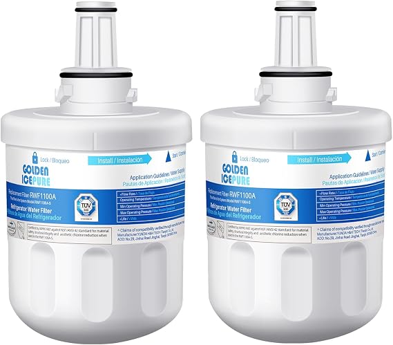 Golden ICEPURE Fridge Water Filter, Compatible with Samsung Fridge & Aqua Pure Plus, Replacement Cartridges for Samsung DA29-00003F DA29-00003G DA29-00003A DA29-00003B DA97-06317A HAFIN1, 2 Pack