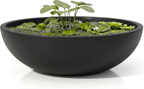 KUTE NEST 7.7" H x 22" D Premium Rondo Round Bowl Fiberstone Planter for Outdoor & Indoor Plants, Ideal for Succulent and Lotus, Included 2 Extra Coco Mats (Black, 19.9" Pot Opening)