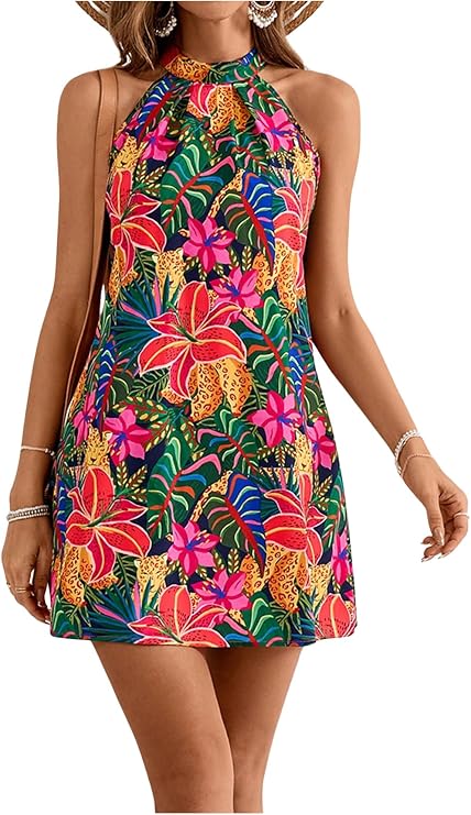 Floerns Women's Sleeveless Floral Sundress Halter Neck A Line Short Dress