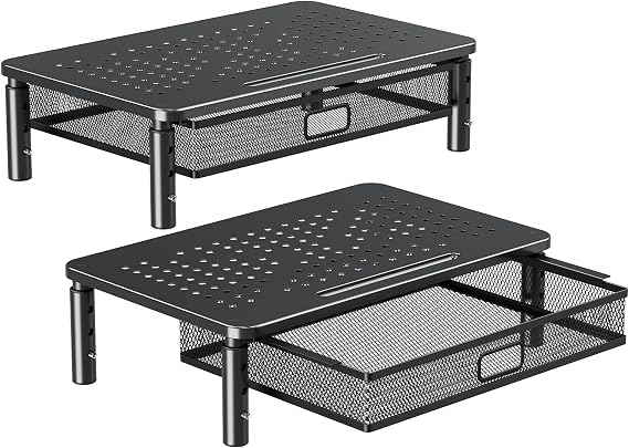 ELIVED 2 Pack Monitor Stand Riser with Metal Drawer, 3 Height Adjustable | with Larger Storage Space for Home and Office Supplies, Metal Desktop Stand for Laptop Computer Printer PC iMac