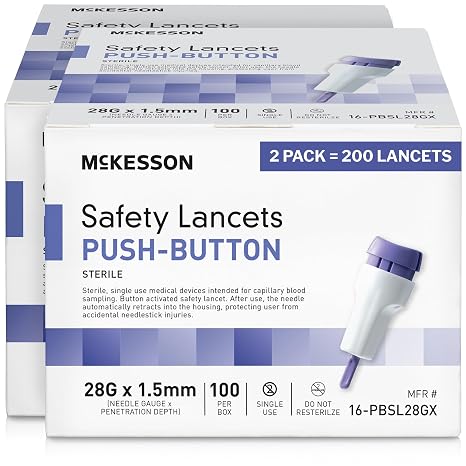 McKesson Lancets for Diabetes Testing Lancing Device, 28 g, 1.5 mm, 200 ct | Push Button Activation, Single Use, McKesson Safety Lancet, Retractable, 28 Gauge