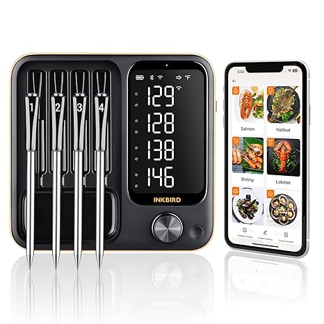 4-Probe WiFi Wireless Meat Thermometer with 360Readable LCD Standalone Base, WiFi and Bluetooth 5.3 Unlimited Range, IPX8 Waterproof Food Kitchen Thermoemter for BBQ, Grill, Smoker, Oven, Rotisserie
