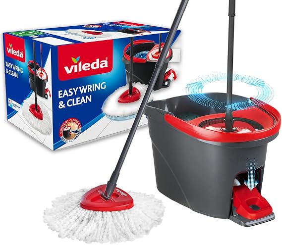Vileda Easy Wring & Clean Spin Mop & Bucket Set with Foot Pedal Vileda 3-Piece Handle 130 cm Floor Mop with Spin Wringer Turbo Refill 100% Microfibre Mop Head |