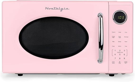 Nostalgia Retro 1000W Microwave Oven 1.1 Cu Ft Capacity Child Safety Lock, 8 Auto-Cook Settings Countertop Kitchen Appliance Pink