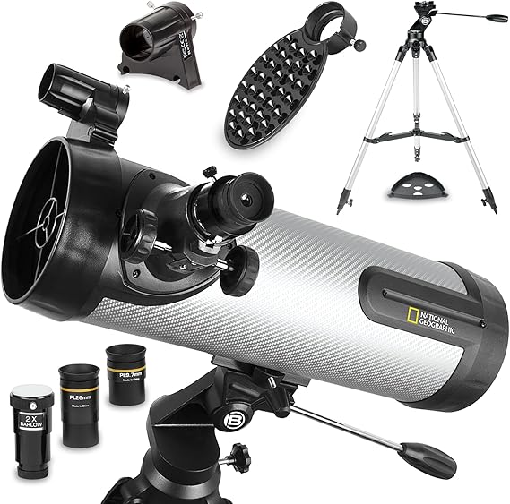 National Geographic NT114CF 114mm Reflector Telescope Carbon-Fiber Tube, 500mm Focal Length (f/4.4), Includes 2 Plssl Eyepieces, 2 Barlow Lens, Red-Dot Finder, Smartphone Adapter & Tripod