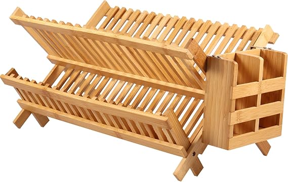 Dish Drying Rack,2 Tier Collapsible Dish Rack,Bamboo Drainer Dish Drying Rack,Bowl and Dish Storage Rack with Utensil Holder, Multifunctional Kitchen Organizers and Storage Rack