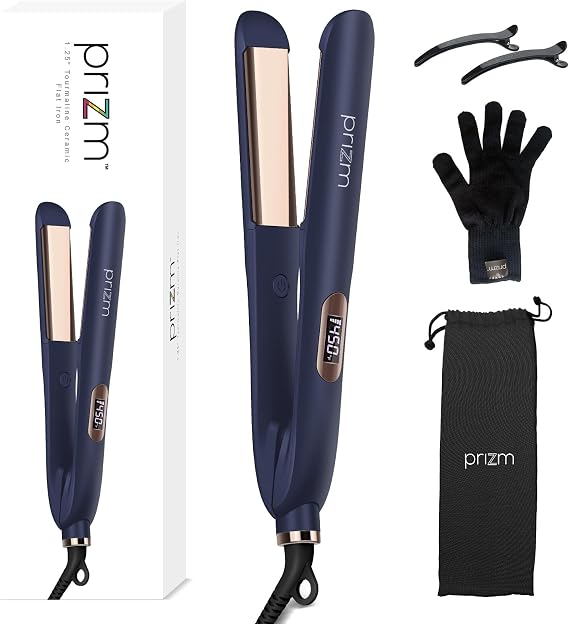 Prizm 1.25 inch (32mm) Flat Iron, Hair Straightener and Curler 2 in 1, Fast Heating Ceramic & Adjust Temp 330F to 450F, Dual Voltage Hair Iron for Travel, Gift, Auto Shut-Off, Prussian Blue