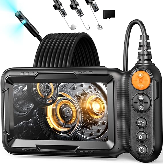 Dual Lens Endoscope Camera with Light, 1080P Borescope Inspection Camera with 5" IPS Screen, 32.8FT Semi-Rigid, 8+1 LEDs & 32GB Card, 7.9mm IP67 Waterproof Sewer Snake Cam for Car Plumbing Wall