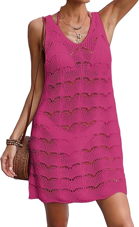 Womens Crochet Cover Up Swimsuit Mesh Beach Midi Dress Floral Knit Summer Backless V Neck Bathing Suit Coverups Top