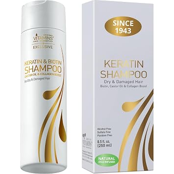 VITAMINS hair cosmetics Keratin Shampoo Sulfate Free - Hair Treatment for Dry Damaged Hair - Biotin and Collagen Shampoo with Castor Oil for Curly, Wavy or Straight Locks - 8.5 Fl Oz