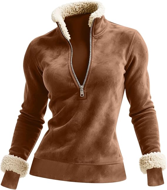 Women's Fleece Sweatshirt 1/4 Zip Up Jackets Oversized Lapel Collar Tops Pockets Winter Warm Outwear Comfy Soft Thermal Pullover Ladies s Lightweight Casual Loose Sweaters Coats 8 10 12 14 16