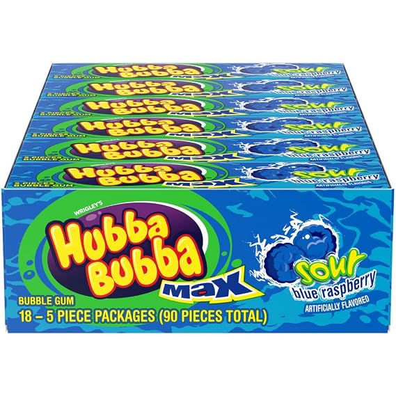 HUBBA BUBBA Bubble Gum Blue Raspberry Sour Candy Chewing Gum Bulk, 18 Pack | Bulk candy gum multi-pack for sour candy fans; bubble gum packs for home, office, school, backpack, travel snack