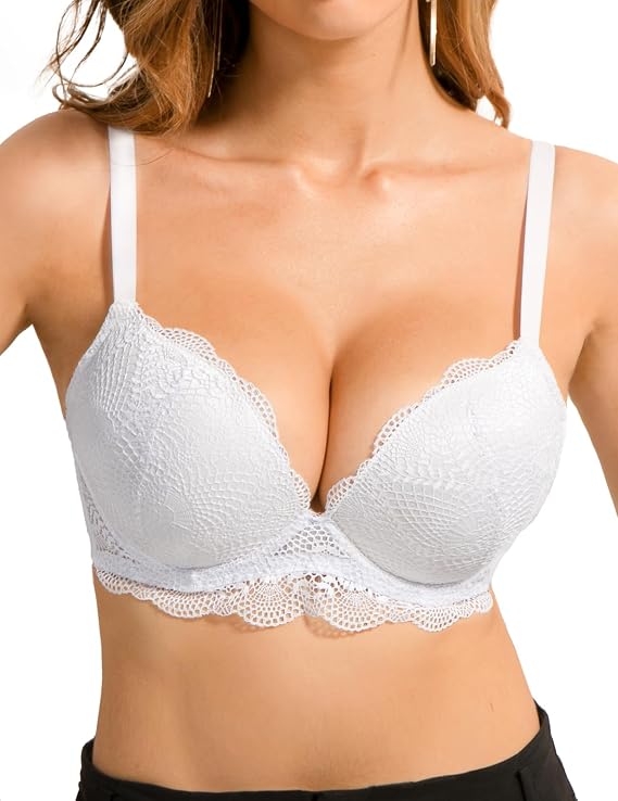 Women's Push Up Lace Bra Padded Add 2 Cups Support Underwire Lift Up Deep V Bra for Women