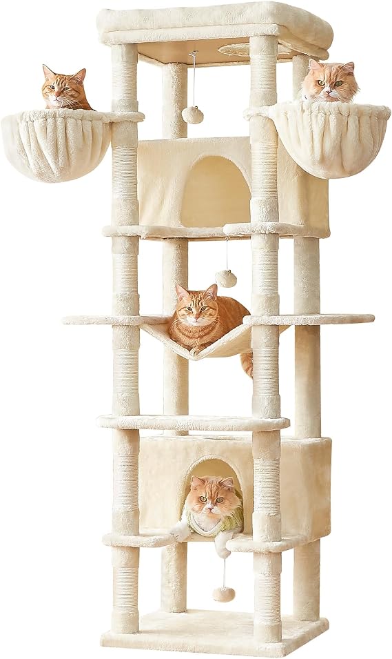 MWPO Large Cat Tree, 67.7-Inch Tall Tower for Indoor Cats With 2 Condos, Multi-Level Stand With 3 Hammocks, Wide Perch, Scratching Posts, Dangling Toys, Beige