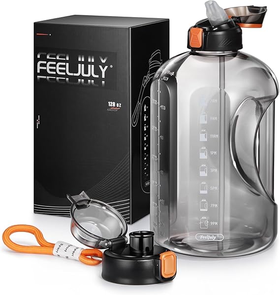 1 Gallon Water Bottle with Straw, 128 oz Large Water Jug with Times to Drink, Reusable Leak Proof with Handle, 2 Lids BPA Free Big Sports Bottles for Fitness Gym Camping (Grey, 128 Ounces)