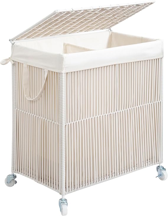 WOWLIVE Rolling Laundry Basket Wheels, Handwoven Laundry Hamper with Lid | Double Clothes Hamper with Divided Removable Bag, 115L Large Laundry Sorter 2 Section, Laundry Room Organization, White