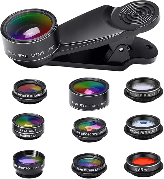 Camera Lens Kit I Phone Anderiod, Clip Cell Phone Lens Kit with 0.63X/0.36X Wide Angle, Wide Angle 198 Fisheye Lens 20X and 15X Macro, Lens Kit for Smart Phones, Telephoto Lens