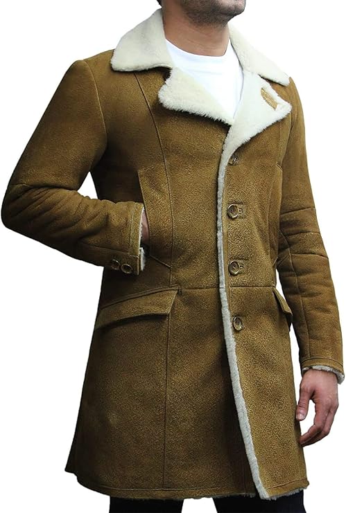 BRANDSLOCK Mens Real Shearling Sheepskin Leather Warm Duffle Trench Merino Coat