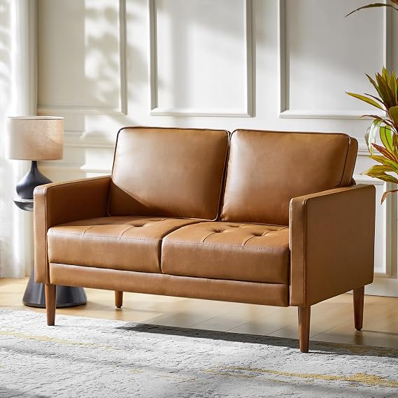 HULALA HOME Mid-Century Modern Faux Leather Loveseat Sofa with Movable Backrest Cushions, Button-Tufted 2-Seater Sofa with Wooden Legs, Small Love Seat Accent Couch for Living Bedroom, Camel